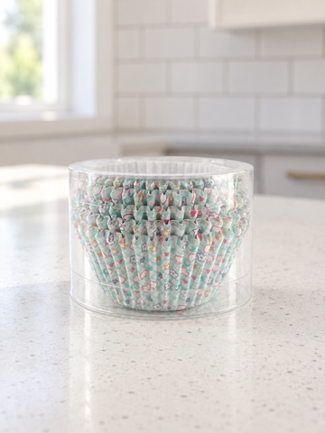 T & CO fluted paper cupcake baking liners in mint green gingham plaid with cute hearts and stars pattern packaged in clear cylindrical holder