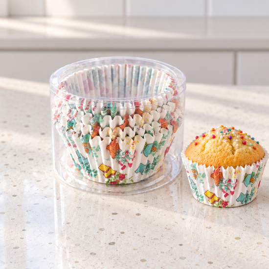 T & CO woodland floral fluted cupcake baking liners pack displayed next to a freshly baked golden vanilla muffin topped with multi-colored sprinkles