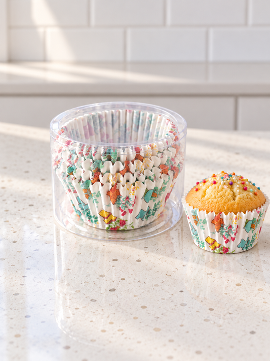 T & CO woodland floral fluted cupcake baking liners pack displayed next to a freshly baked golden vanilla muffin topped with multi-colored sprinkles