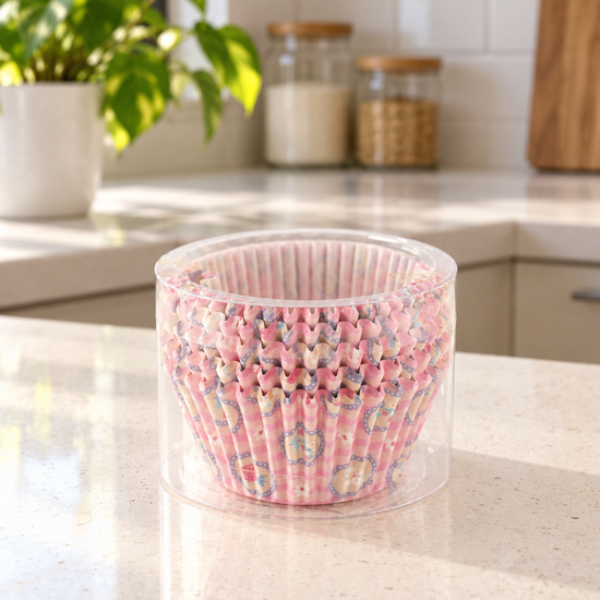 T & CO fluted paper cupcake baking cases featuring pastel pink vertical stripes with dainty floral medallion accents in transparent tub