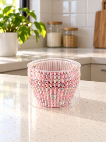T & CO fluted paper cupcake baking cases featuring pastel pink vertical stripes with dainty floral medallion accents in transparent tub
