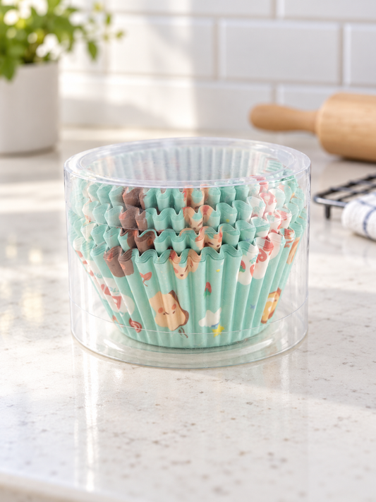 T & CO clear container of fluted paper baking liners in mint green adorned with cute kawaii cartoon toast, sweets, and pastry illustrations