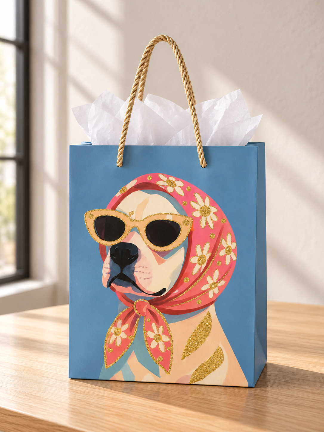Retro Rosie small sky blue paper gift bag featuring a chic dog wearing a pink floral headscarf and sunglasses with twisted gold cord handles