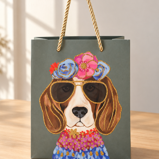 Flower Beagle small slate grey paper gift bag featuring a beagle wearing a blooming flower crown and aviator sunglasses with gold rope handles