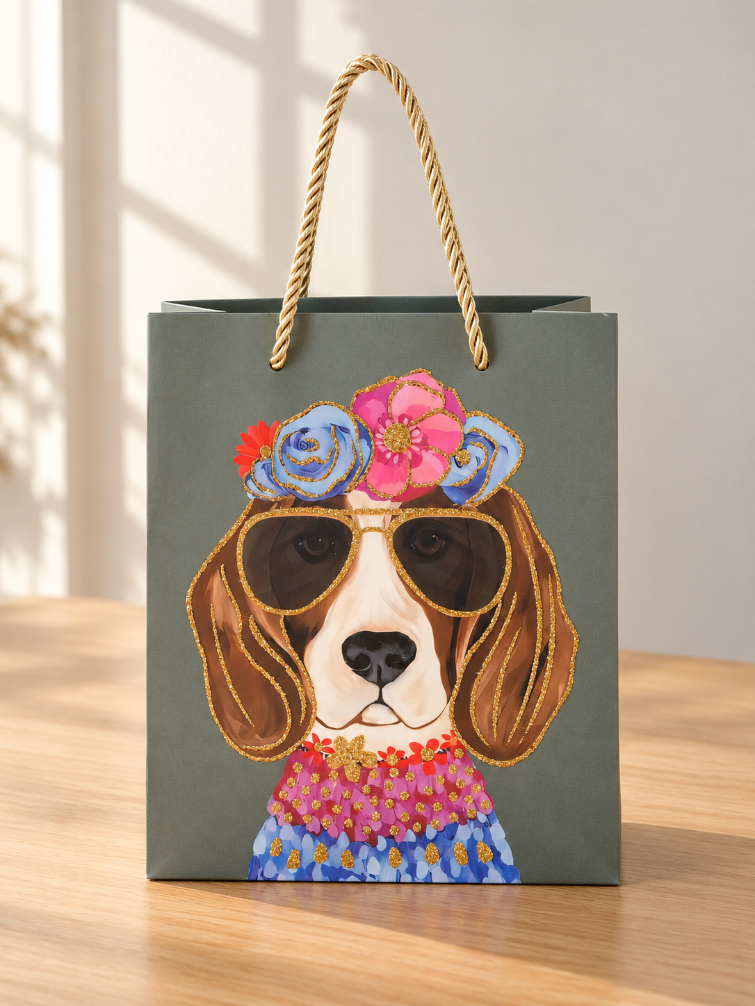 Flower Beagle small slate grey paper gift bag featuring a beagle wearing a blooming flower crown and aviator sunglasses with gold rope handles