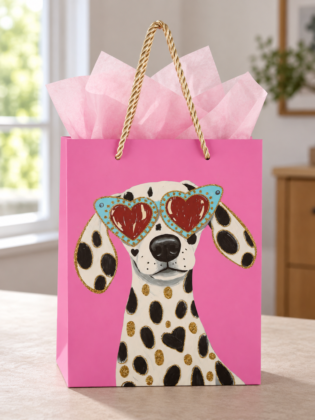 Heart Dotty Dalmatian small bubblegum pink paper gift bag with a Dalmatian wearing turquoise heart sunglasses and sparkling gold spots