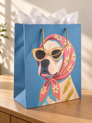 Retro Rosie medium sky blue paper gift bag featuring dog in floral headscarf and sunglasses with twisted gold cord handles