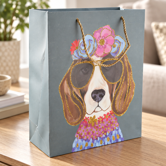 Flower Beagle medium slate grey paper gift bag featuring a crowned hound wearing aviator shades with gold rope cord handles