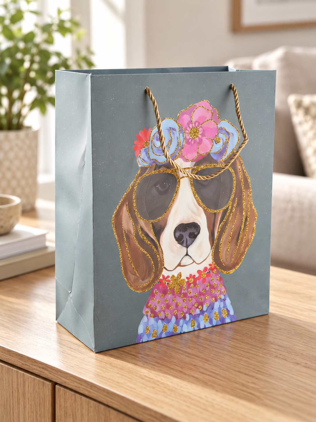 Flower Beagle medium slate grey paper gift bag featuring a crowned hound wearing aviator shades with gold rope cord handles