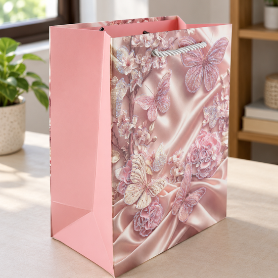 Blush Butterfly Romance small rose pink paper gift bag featuring shimmering embossed butterflies on draped satin with silver cord handles