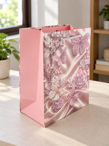 Blush Butterfly Romance small rose pink paper gift bag featuring shimmering embossed butterflies on draped satin with silver cord handles