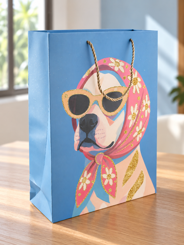 Retro Rosie large sky blue paper gift bag featuring dog in floral headscarf and sunglasses with thick twisted gold rope handles