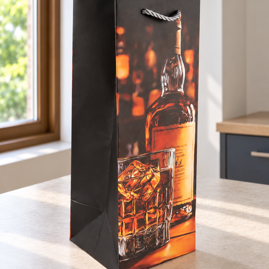 Whiskey on the Rocks single bottle paper gift bag featuring a crystal tumbler of scotch on ice beside a spirits bottle on a wooden bar counter with silver rope handles