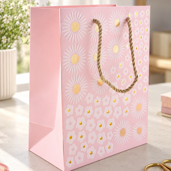 Golden Daisy Bloom small blush peach paper gift bag featuring white daisy petals with glittering gold foil stamped centers and twisted gold rope handles