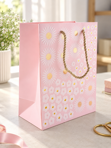 Golden Daisy Bloom small blush peach paper gift bag featuring white daisy petals with glittering gold foil stamped centers and twisted gold rope handles
