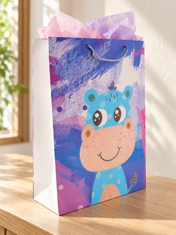 Hippo Joy extra large kids paper gift bag featuring a friendly blue cartoon hippo with glitter accents and peach snout on a painterly sky blue background with silver rope handles
