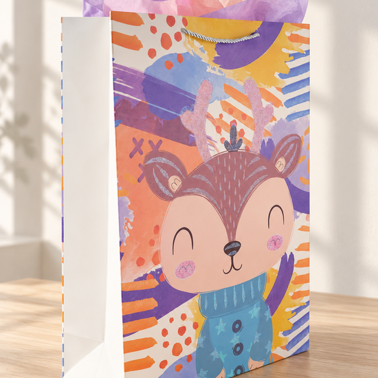 Doe Joy extra large kids paper gift bag featuring a sweet cartoon deer fawn in a blue knit sweater with glitter antlers and silver rope handles