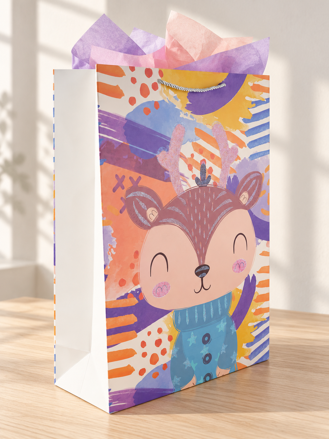 Doe Joy extra large kids paper gift bag featuring a sweet cartoon deer fawn in a blue knit sweater with glitter antlers and silver rope handles