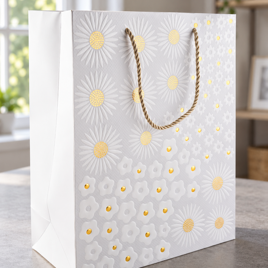 Golden Daisy Bloom medium pearl white paper gift bag featuring white daisy blossoms with glittering gold foil stamped centers and twisted gold rope handles