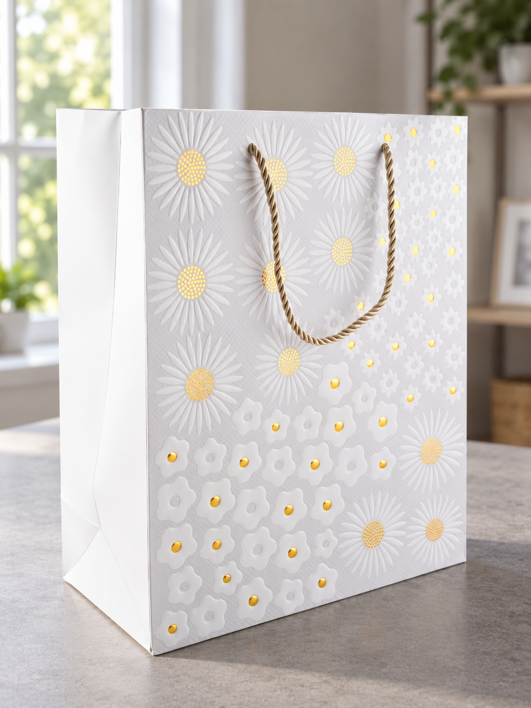 Golden Daisy Bloom medium pearl white paper gift bag featuring white daisy blossoms with glittering gold foil stamped centers and twisted gold rope handles