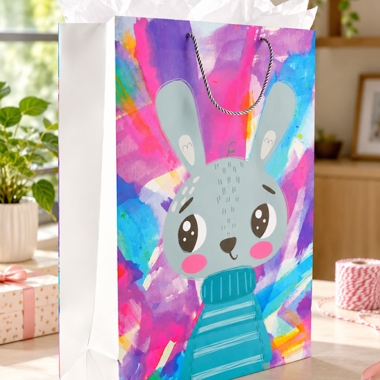 Bunny Hug extra large kids paper gift bag featuring a cute white cartoon rabbit in a striped blue sweater with glitter accents and silver rope handles