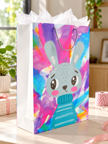 Bunny Hug extra large kids paper gift bag featuring a cute white cartoon rabbit in a striped blue sweater with glitter accents and silver rope handles