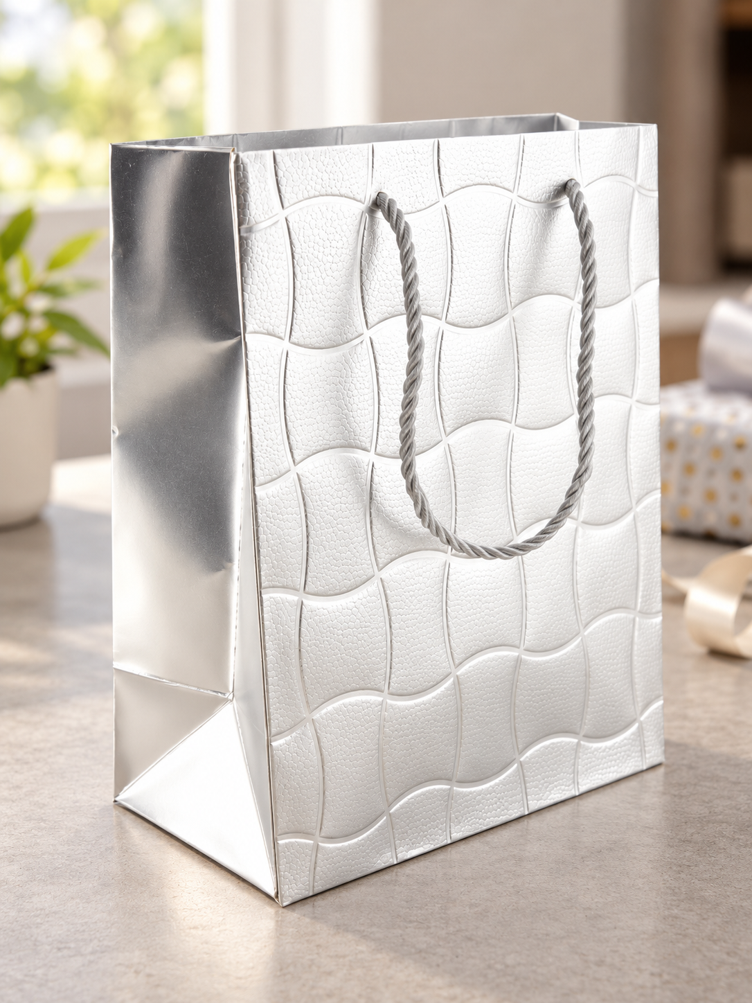 Embossed Ripple Wave Small Paper Gift Bag Silver - 18 x 10 x 23 cm