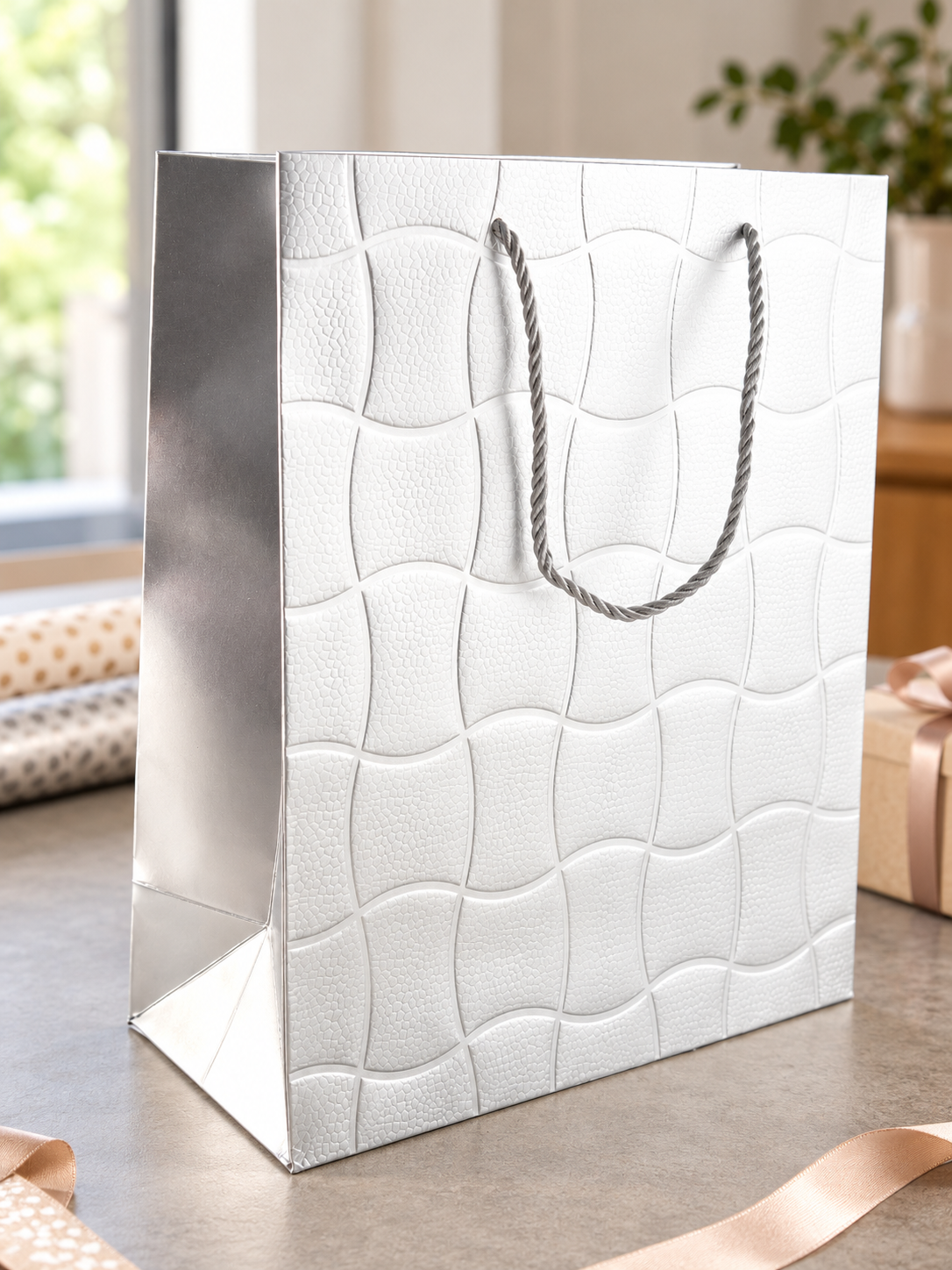 Embossed Ripple Wave Medium Paper Gift Bag Silver - 26 x 12 x 32 cm