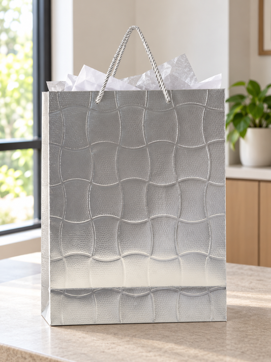 Embossed Ripple Wave Large Paper Gift Bag Silver - 30 x 12 x 40 cm