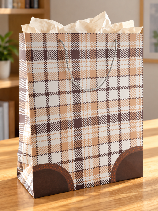 Extra large cream tartan plaid paper gift bag measuring 40 by 18 by 49 cm with beige check pattern and braided handles