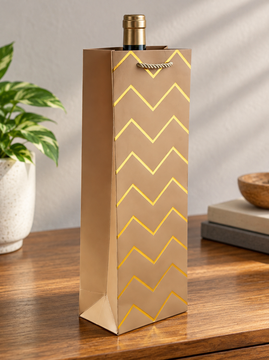 Champagne gold chevron foil single wine bottle gift bag measuring 13 by 8.5 by 36 cm with woven carrying cords