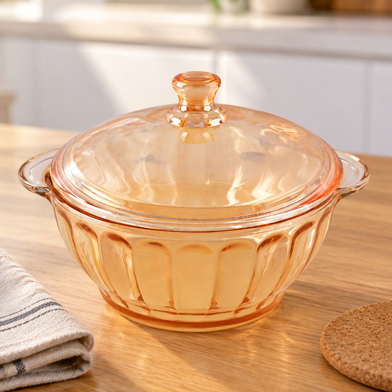 Fluted amber glass round casserole serving dish with matching domed knobbed lid and integrated side handles