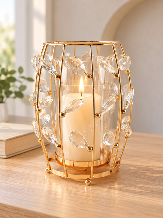 Polished gold metal wire cylindrical hurricane candle holder lantern with faceted crystal droplets and inner glass cylinder