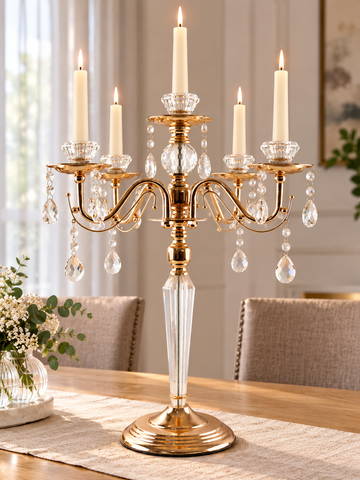 Magnificent 5-arm polished gold candelabra centerpiece featuring faceted crystal stem and cascading crystal teardrop pendants
