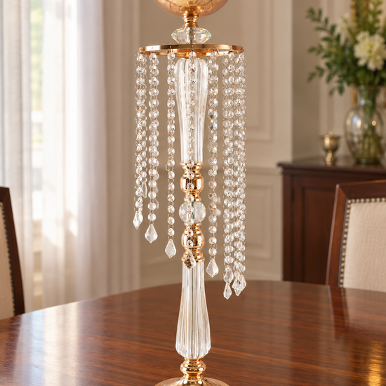 Tall 80cm gold pedestal centerpiece stand draped in cascading waterfall strands of sparkling crystal beads