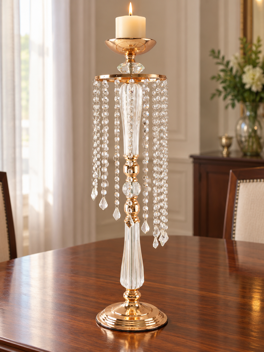 Tall 80cm gold pedestal centerpiece stand draped in cascading waterfall strands of sparkling crystal beads
