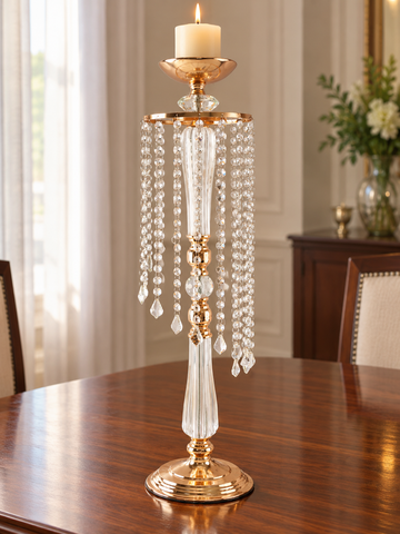 Tall 80cm gold pedestal centerpiece stand draped in cascading waterfall strands of sparkling crystal beads
