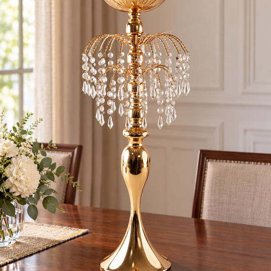 Grand 70cm polished gold centerpiece candle stand featuring arched cascade arms draped with crystal beads and teardrop pendants