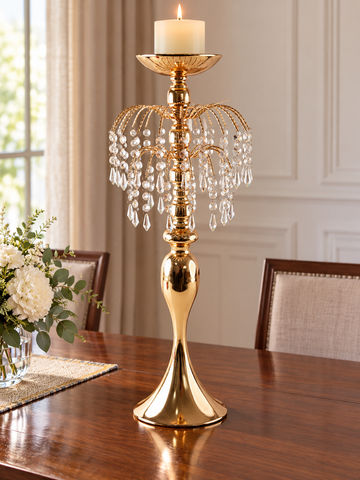 Grand 70cm polished gold centerpiece candle stand featuring arched cascade arms draped with crystal beads and teardrop pendants