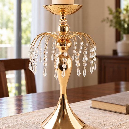 Medium 50cm polished gold centerpiece candle stand with arched plume arms draped in crystal beads and faceted teardrop pendants