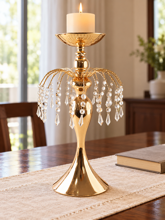 Medium 50cm polished gold centerpiece candle stand with arched plume arms draped in crystal beads and faceted teardrop pendants