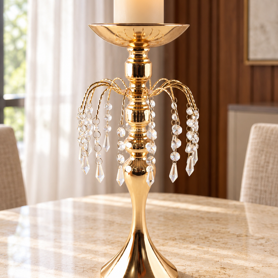 Tall 42cm polished gold pedestal pillar candle holder stand with arched branch collar draped in cascading crystal bead strands