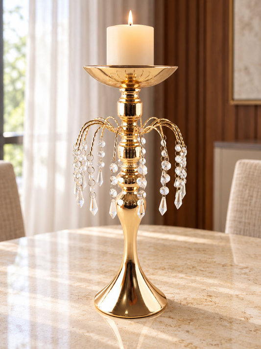 Tall 42cm polished gold pedestal pillar candle holder stand with arched branch collar draped in cascading crystal bead strands