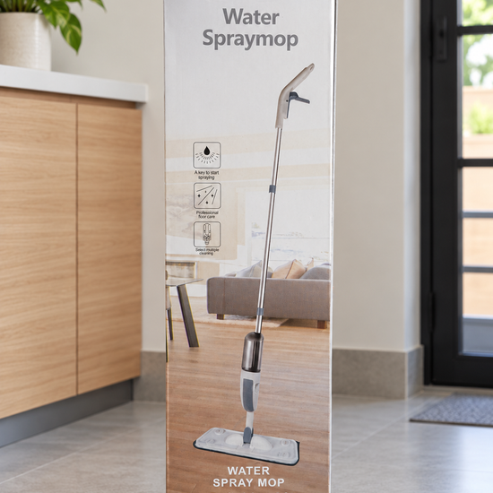 Slate grey microfiber water spray mop in box packaging with 360 degree swivel head and refillable bottle