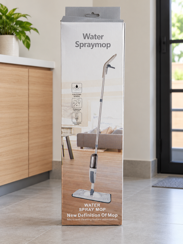 Slate grey microfiber water spray mop in box packaging with 360 degree swivel head and refillable bottle