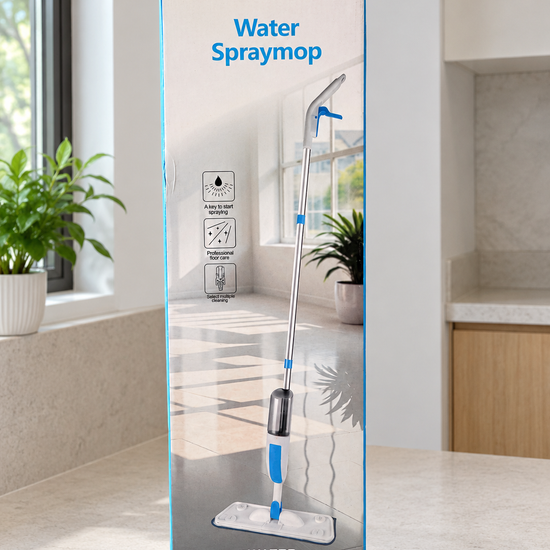 Azure blue microfiber water spray mop packaging with ergonomic trigger handle and 360 degree swivel base