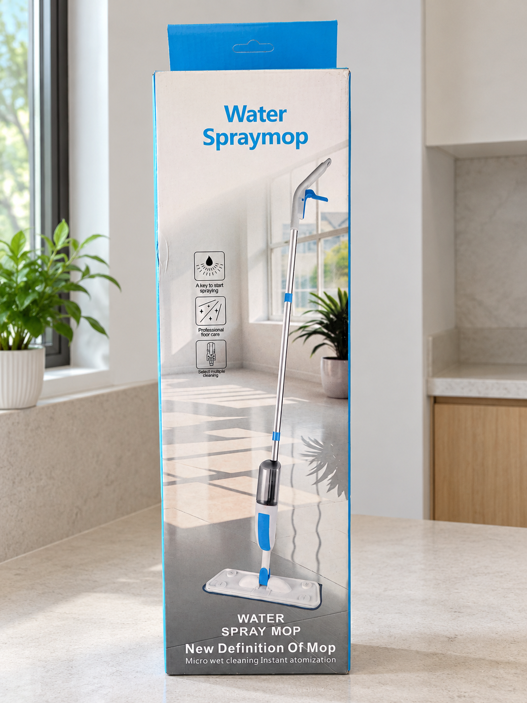 Azure blue microfiber water spray mop packaging with ergonomic trigger handle and 360 degree swivel base