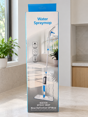 Azure blue microfiber water spray mop packaging with ergonomic trigger handle and 360 degree swivel base