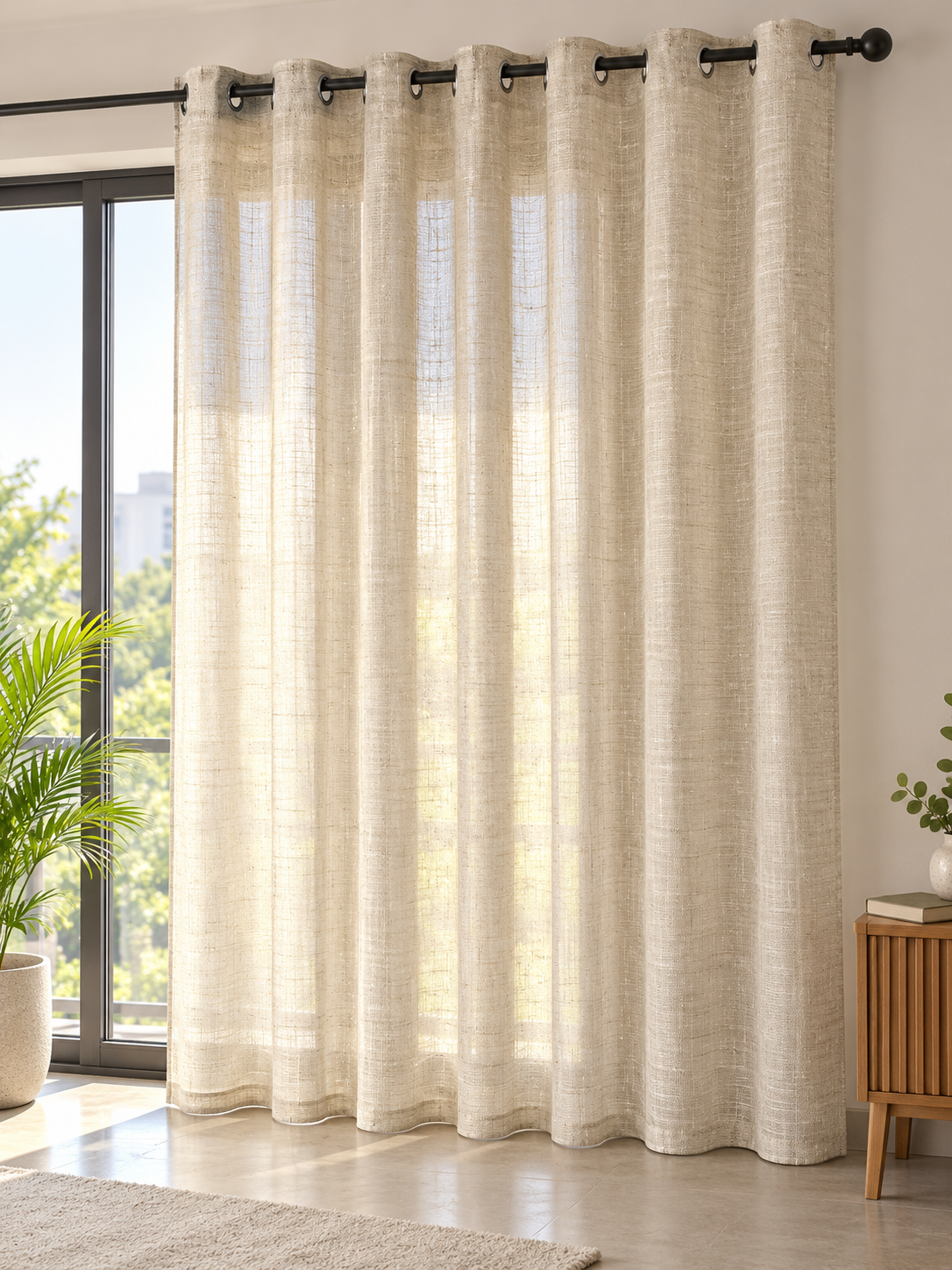 Warm sand beige textured slub linen look semi-sheer eyelet curtain drape panel hanging over balcony sliding door