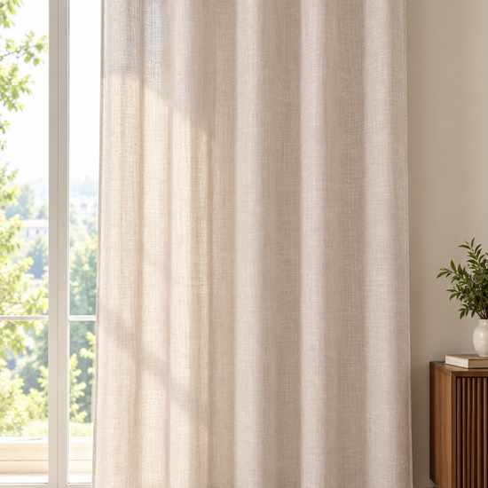 Soft cream slub linen look sheer eyelet window curtain panel hanging gracefully on metal rod